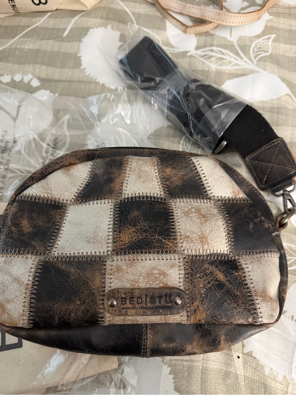 BED|STU Black & Cream Distressed Check Oval Crossbody - Picture 5 of 8